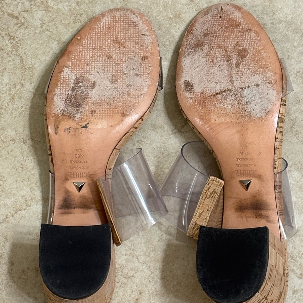 SCHUTZ Clear Strap Cork Slide Sandals in Natural/Tan - Picture 8 of 9